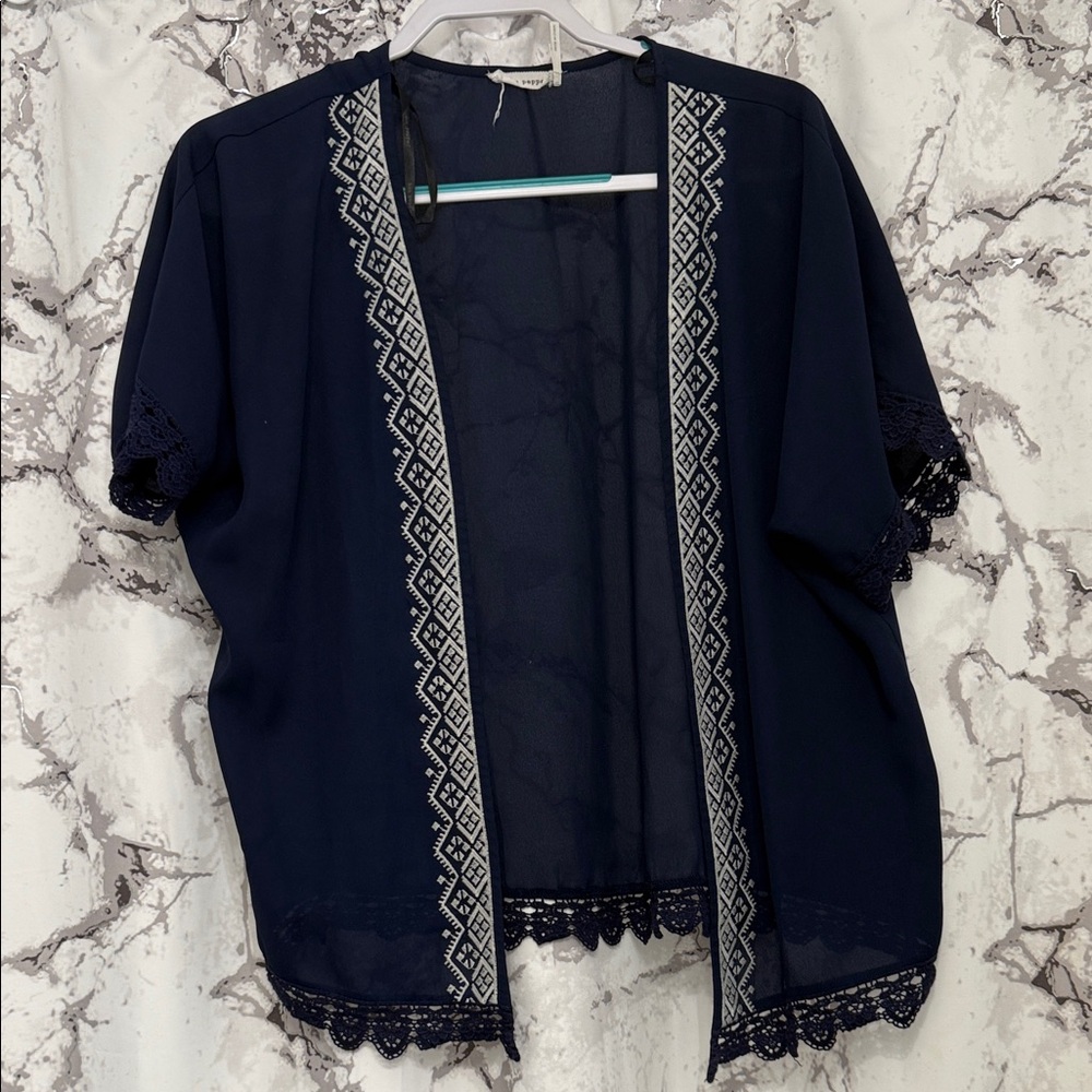 Blu Pepper Navy Kimono with White Embroidery